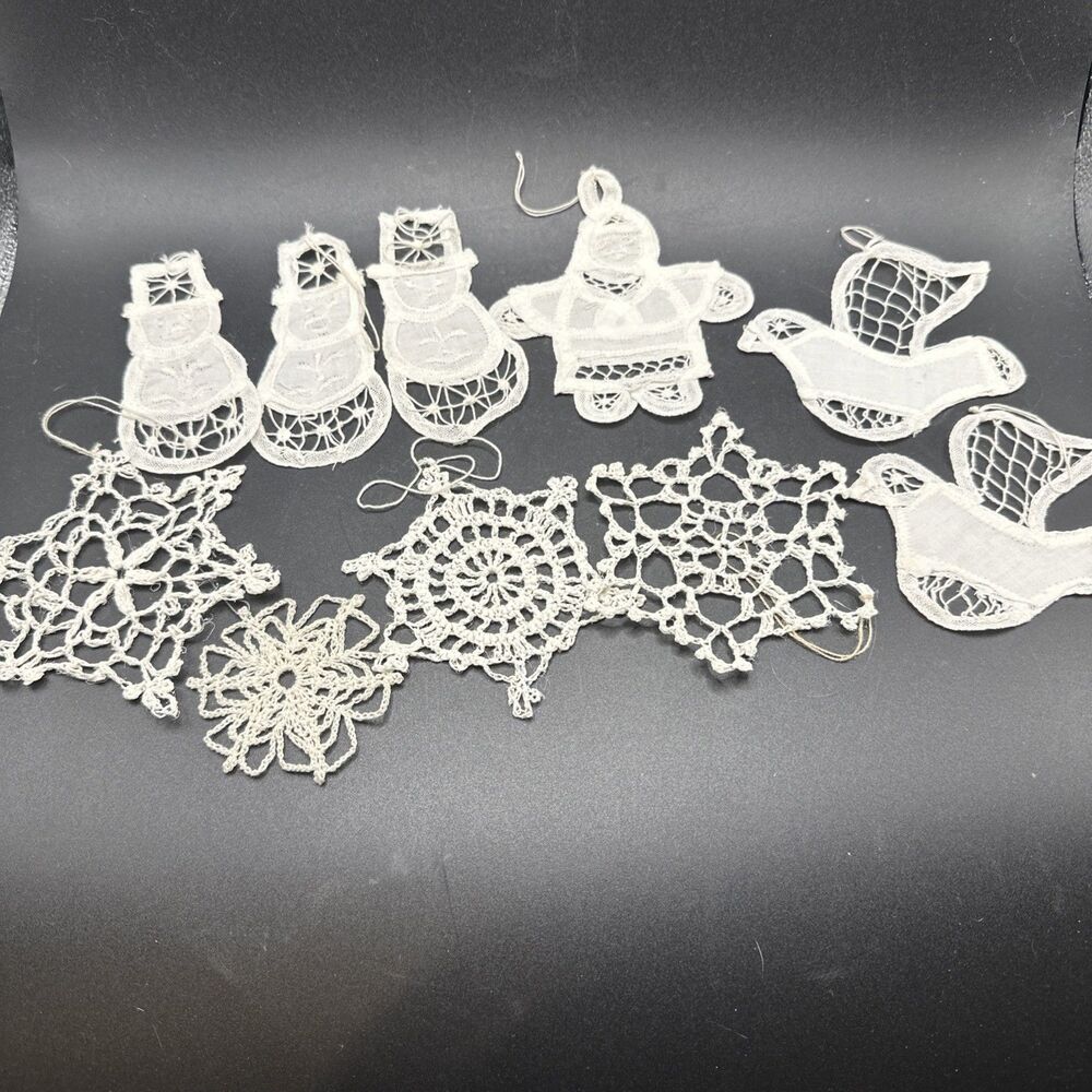 10 Vintage Christmas Crocheted Lace Starched Ornaments Snowflakes, Bird & Santa